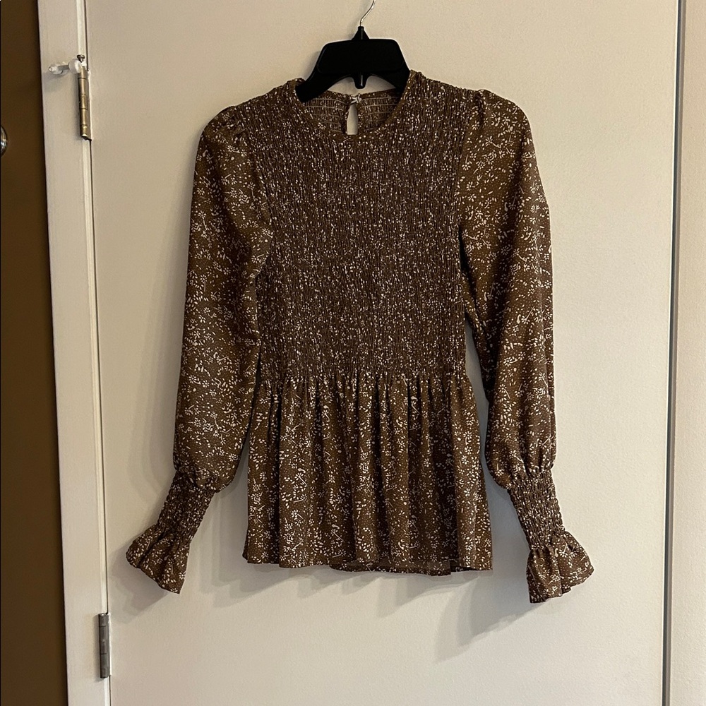 Brown Smocked Peplum Blouse - Women Tops